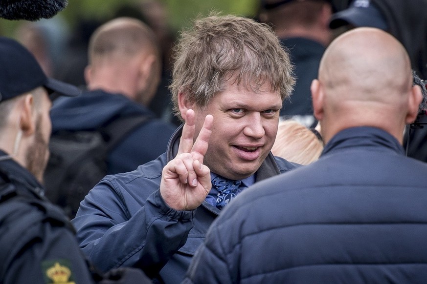 epa07550564 (FILE) - Rasmus Paludan, the founder of the anti-immigrant party Hard Line, demonstrates at Faelledparken in Copenhagen, Denmark, 01 May 2019 (issued 06 May 2019). Rasmus Paludan will run  ...