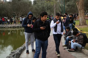 People stand with their mobile phones as some play Pokemon Go at El Olivar park in San Isidro district of Lima, Peru, September 2, 2016. REUTERS/Mariana Bazo
