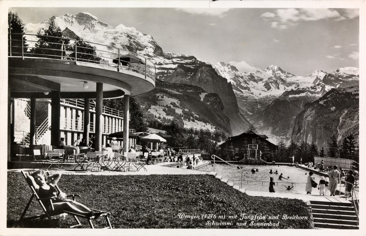 Poststempel 21.8.1936

Wengen (1276 m) mit Jungfrau und Breithorn, Schwimm- und Sonnenbad