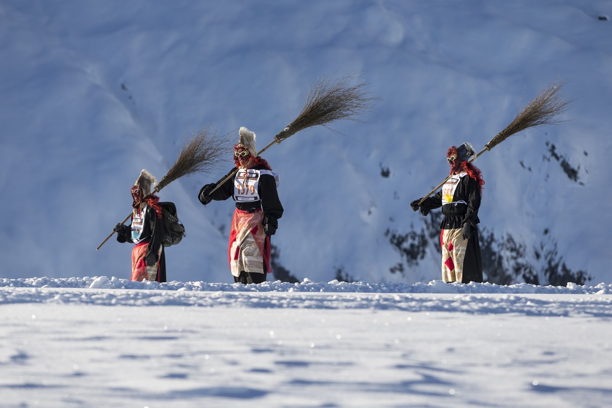 Skiers disguised as witches participate in the 36th ski downhill race at the alp Belalp in Naters, Switzerland, on Saturday, January 13, 2018. The downhill race at Belalp is a fun event called "H ...