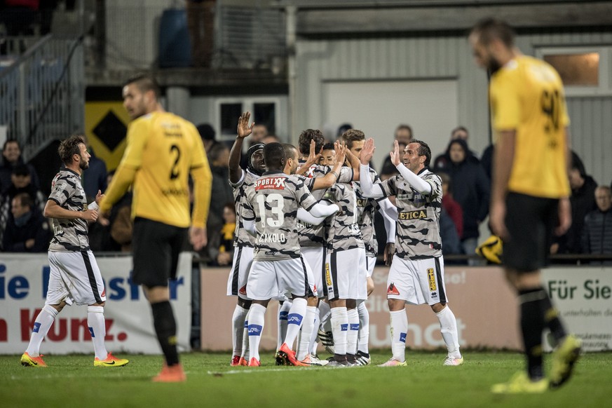 Die Sittener jubeln zum 1:0 Tor beim Fussballcup 1/8-Finalspiel FC Schaffhausen gegen den FC Sion im Stadion Breite in Schaffhausen, aufgenommen am Mittwoch, 2. November 2016. (KEYSTONE/Ennio Leanza)