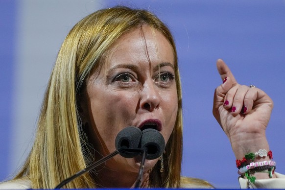 Brothers of Italy&#039;s Giorgia Meloni speaks at the center-right coalition closing rally in Rome Thursday, Sep. 22, 2022. Italians will vote on Sunday in what is billed as a crucial election on a co ...