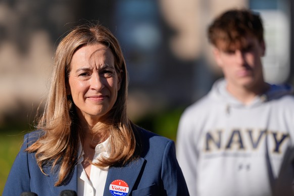 New Jersey gubernatorial candidate Mikie Sherrill talks to reporters after voting in Montclair, N.J., Tuesday, Nov. 4, 2025. (AP Photo/Seth Wenig)
Mikie Sherrill