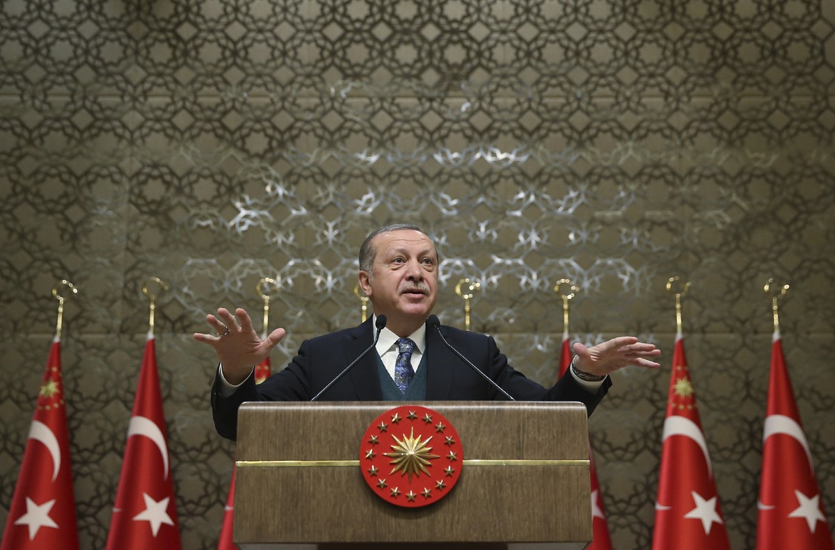 Turkey's President Recep Tayyip Erdogan speaks during a cultural awards ceremony in Ankara, Turkey, Thursday, Dec. 21, 2017. Erdogan has heavily criticized U.S. President Donald Trump for threate ...