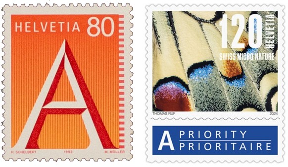 Eine der ersten A-Post-Briefmarken aus dem Jahr 1993 und das neuste Exemplar aus dem Jahr 2024.