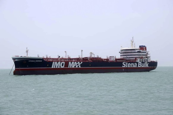 FILE - In this July 20, 2019, file photo, a British-flagged oil tanker Stena Impero which was seized by the Iran&#039;s Revolutionary Guard is photographed in the Iranian port of Bandar Abbas. The Bri ...