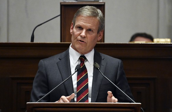 Tennessee Gov. Bill Lee delivers his State of the State Address in the House Chamber, Monday, Feb. 6, 2023, in Nashville, Tenn. (AP Photo/Mark Zaleski)