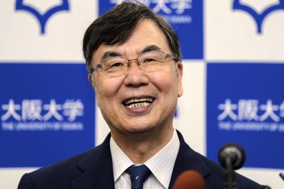 Osaka University professor Dr. Shimon Sakaguchi reacts as he speaks at a news conference in Suita, near Osaka, western Japan, Monday, Oct. 6, 2025, after he won the Nobel Prize in medicine. (Shohei Mi ...