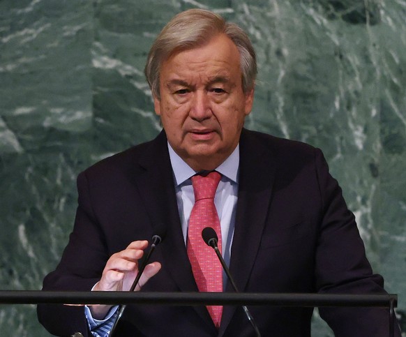 epa10195124 United National Secretary General Antonio Guterres speaks as he opens the 77th General Debate inside the General Assembly Hall at United Nations Headquarters in New York, New York, USA, 20 ...