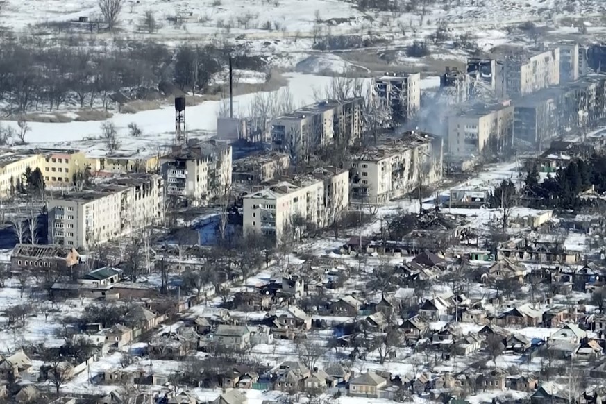 FILE - video footage of Bakhmut shot from the air with a drone for The Associated Press on Monday, Feb. 13, 2023, shows how the longest battle of the year-long Russian invasion has turned the city of  ...