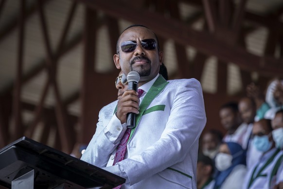 FILE - Ethiopia&#039;s Prime Minister Abiy Ahmed speaks at a final campaign rally at a stadium in the town of Jimma in the southwestern Oromia Region of Ethiopia on June 16, 2021. Prime Minister Abiy  ...