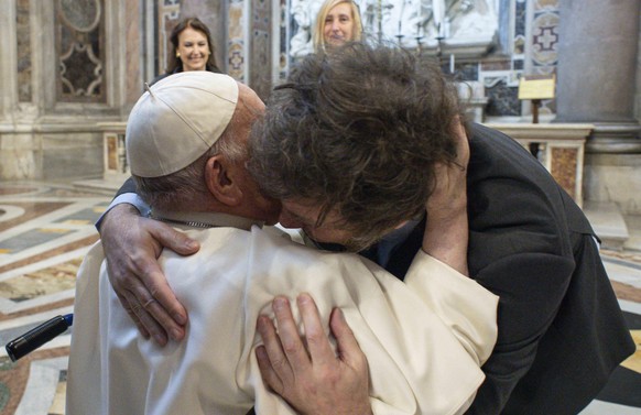 epa11144453 A handout picture provided by the Vatican Media shows Pope Francis meets Argentina&#039;s President Javier Milei in St. Peter&#039;s Basilica prior to the Mass for Canonization of Maria An ...