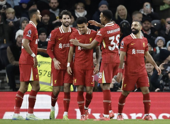 epa11790320 Liverpool's players celebrate the 5-1 lead during the English Premier League soccer match beween Tottenham Hotspur and Liverpool FC, in London, Britain, 22 December 2024. EPA/TOLGA AK ...