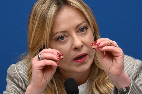 epa12637986 Italian Prime Minister Giorgia Meloni gestures as she holds her end-of-year press conference, in Rome, Italy, 09 January 2026. Though traditionally an end-of-year review, the conference ha ...