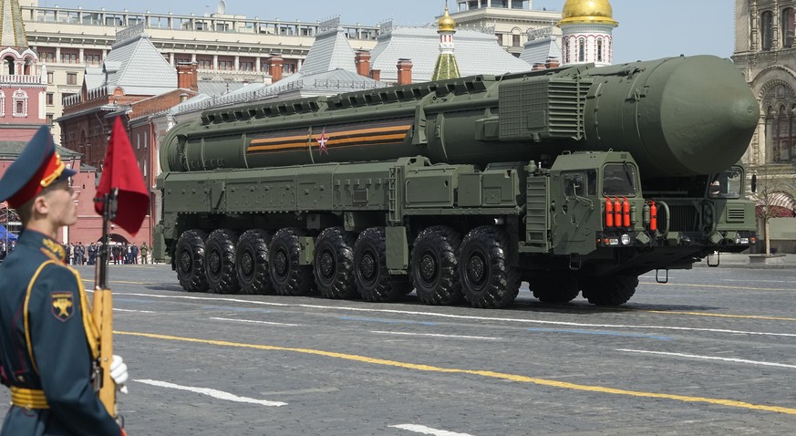 Russian RS-24 Yars ballistic missile rolls in Red Square during a dress rehearsal for the Victory Day military parade in Moscow, Russia, Saturday, May 7, 2022. The parade will take place at Moscow&#03 ...