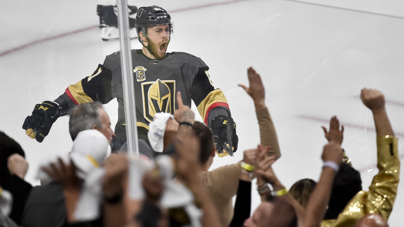 Vegas Golden Knights center Jonathan Marchessault (81) celebrates his goal during the first period of Game 3 of the NHL Western Conference finals hockey playoffs series against the Winnipeg Jets on We ...