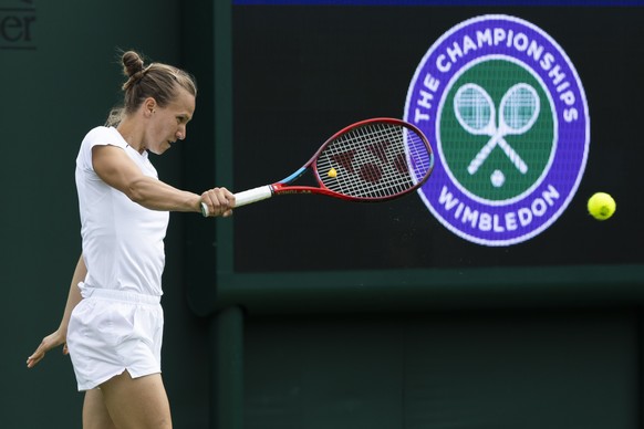 Viktorija Golubic of Switzerland in action during a training session at the All England Lawn Tennis Championships in Wimbledon, London, Thursday, June 23, 2022. The Wimbledon Tennis Championships 2022 ...
