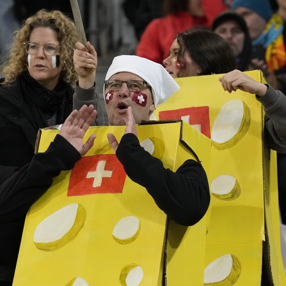 Swiss fans cheer before the Women&#039;s World Cup Group A soccer match New Zealand and Switzerland in Dunedin, New Zealand, Sunday, July 30, 2023. (AP Photo/Alessandra Tarantino)