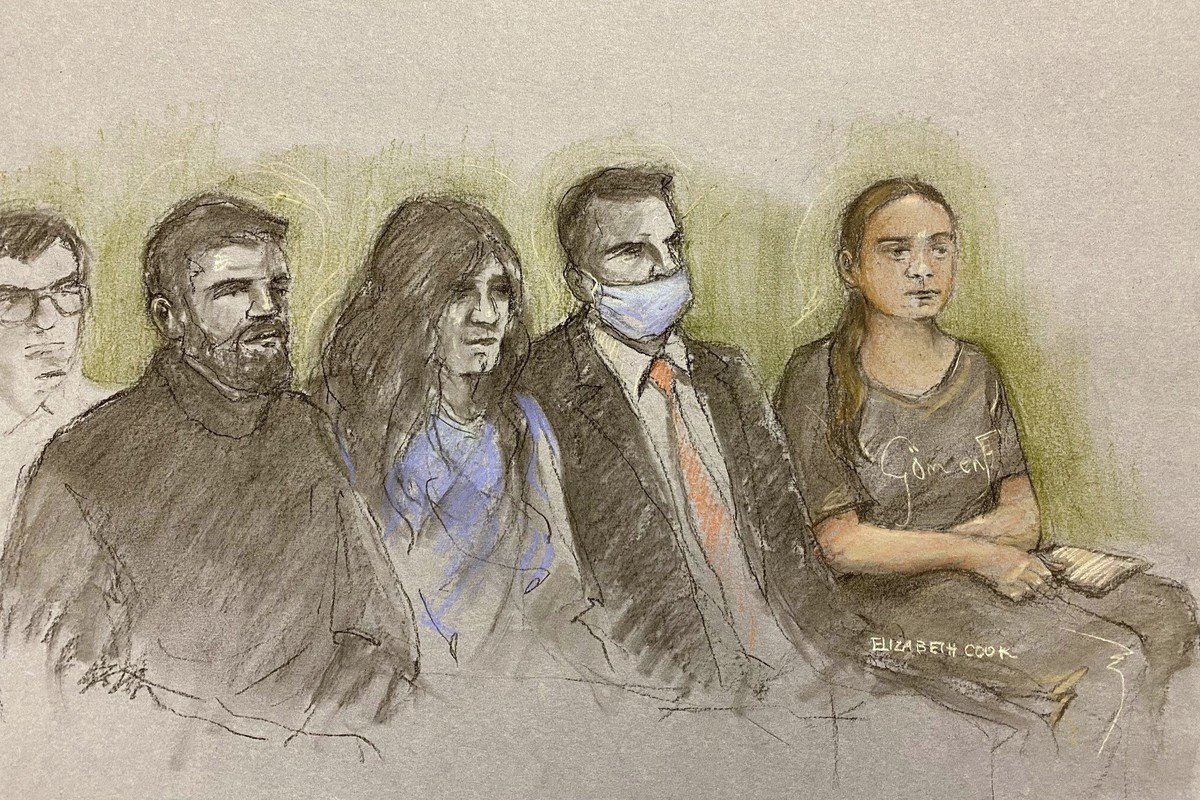 This court artist sketch by Elizabeth Cook shows Greta Thunberg, right, appearing at Westminster Magistrates' Court, London, Thursday, Feb. 1, 2024. Climate activist Greta Thunberg is on trial fo ...