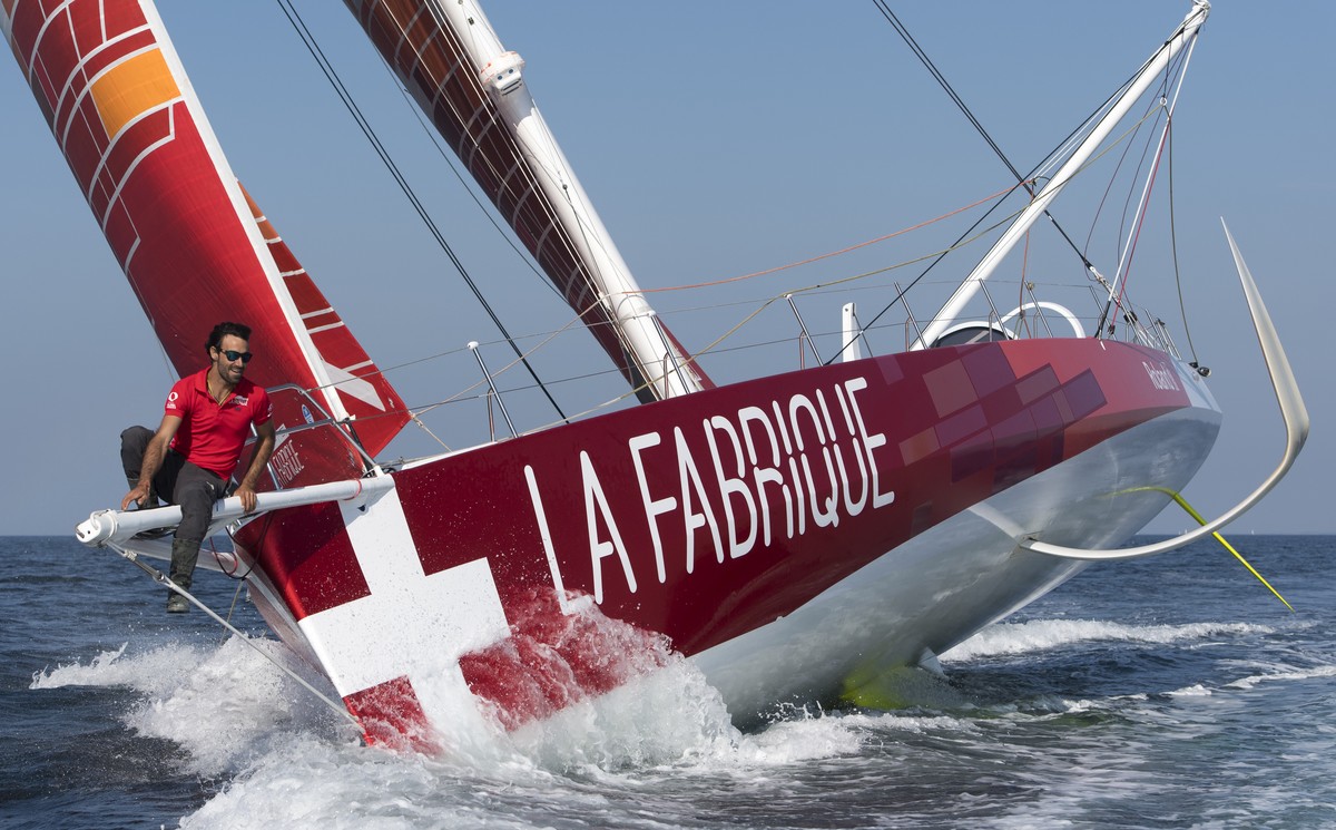 The 60-foot monohull IMOCA "La Fabrique" SUI7 sails with Swiss skipper Alan Roura onboard during a training session two months before the start of the Route du Rhum sailing race, at the west ...