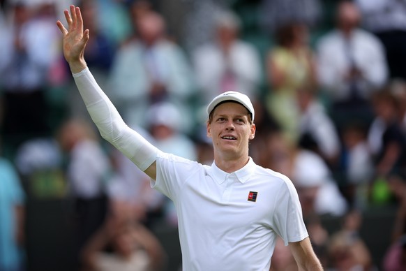 epa12227490 Jannik Sinner of Italy celebrates winning his Men&#039;s Singles quarter-finals match against Ben Shelton of the USA at the Wimbledon Championships, Wimbledon, Britain, 09 July 2025. EPA/A ...