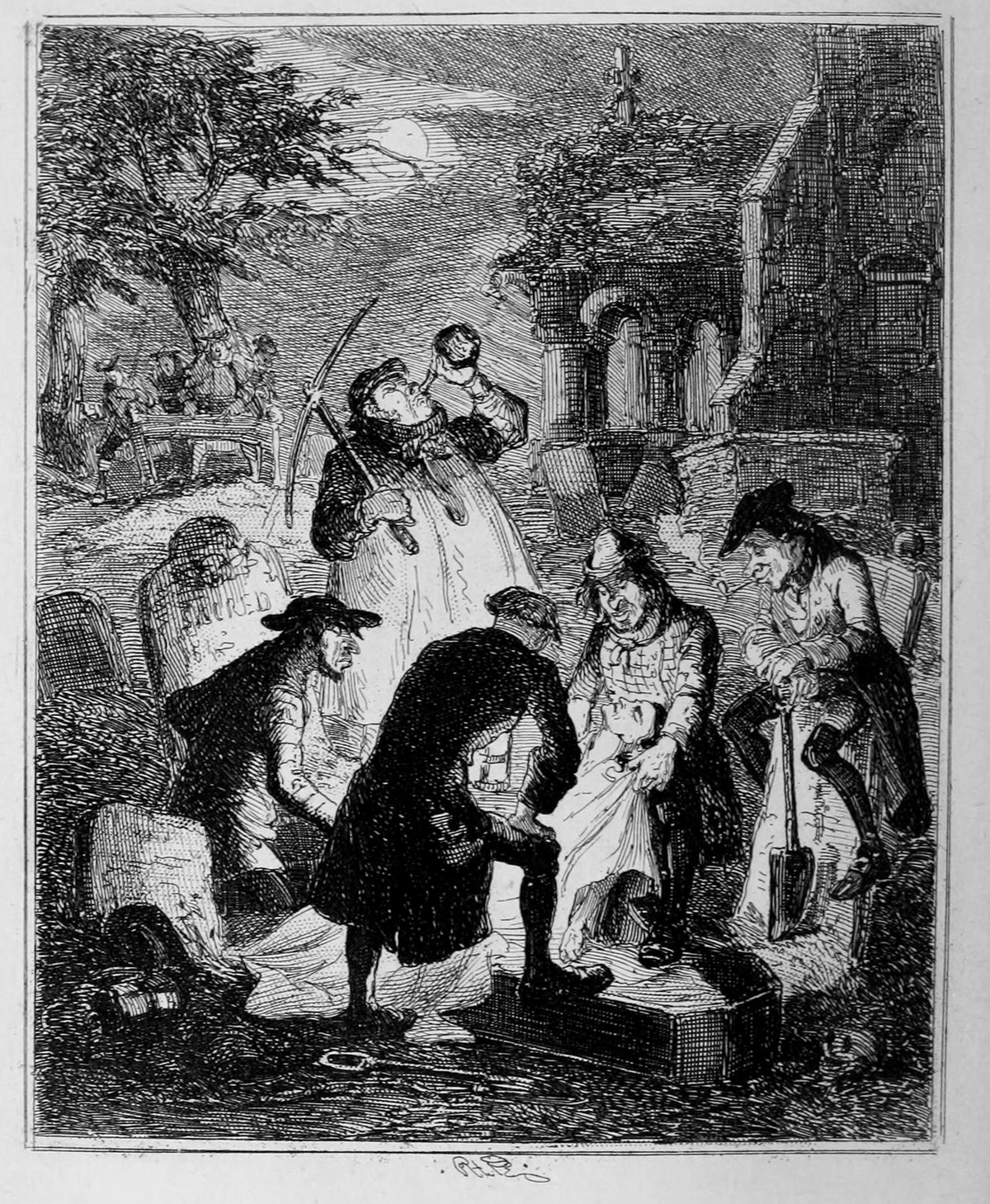 Resurrectionists (1847), by Hablot Knight Browne. This illustration accompanies an account of John Holmes and Peter Williams who, for unearthing cadavers in 1777, were publicly whipped from Holborn to ...