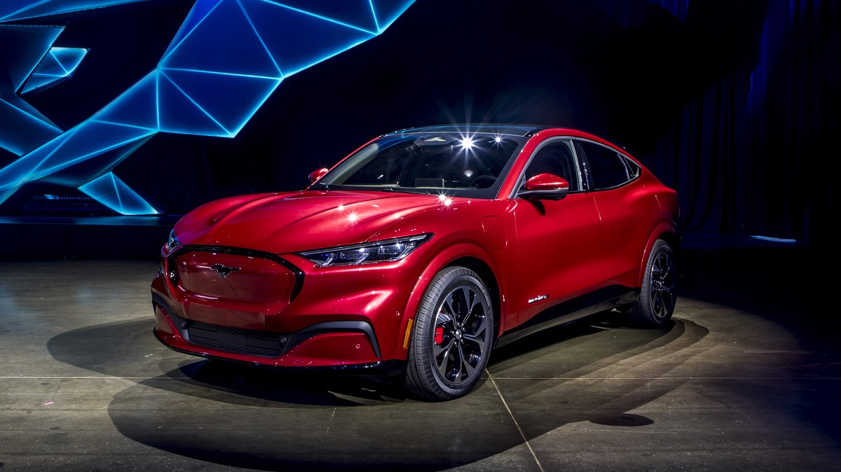 epa08006213 A handout photo made available 18 November 2018 by US car manufacturer Ford, showing the Mustang Mach-E, Ford's first ever all-electric SUV during its presentation in Los Angeles, USA ...