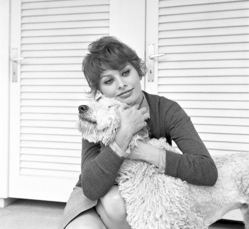 Italian actress Sophia Loren hugging her dog during a photo shoot in her villa in Burgenstock, Switzerland, 1955. (Photo by Franco Vitale/Reporters Associati &amp; Archivi/Mondadori Portfolio/Getty Im ...