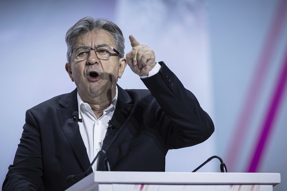 French far-left party La France Insoumise (Unbowed) leader&#039;s Jean-Luc Melenchon, attends a political rally, Saturday, May 25, 2024 in Aubervilliers, near Paris. The European elections will take p ...