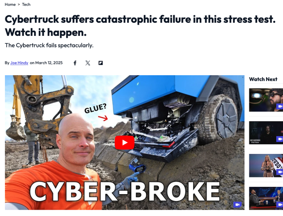 Torture Test Snaps Cybertruck’s Frame, Old Ram Holds Up Without Breaking A Sweat
https://mashable.com/video/cybertruck-stress-test-fail-viral-video