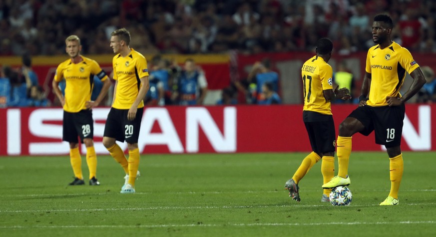 Young Boys players react after Red Star&#039;s Aleksa Vukanovic scored his side&#039;s opening goal during the Champions League play-off, second leg soccer match between Red Star and Young Boys on the ...