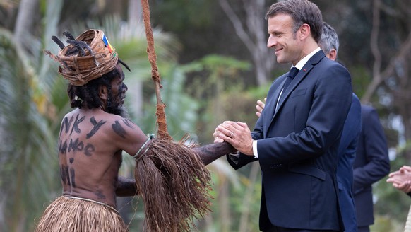 Customary Ceremony In Honour Of President Macron - New Caledonia People in traditional costumes shake hand of French President Emmanuel Macron, French Interior Minister Gerald Darmanin, Minister Deleg ...