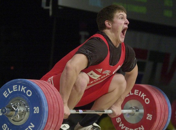 Austria&#039;s Matthias Steiner strains as he makes an attempt in the clean and jerk 105 kg category during the 72nd Men&#039;s World Weightlifting Championships in Warsaw, Poland, Monday Nov. 25, 200 ...