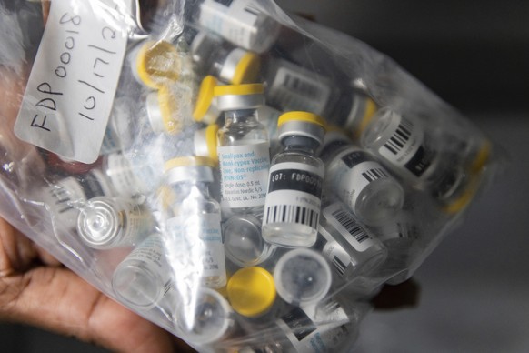 FILE - Vials of single doses of the Jynneos vaccine for monkeypox are seen from a cooler at a vaccinations site on Aug. 29, 2022, in the Brooklyn borough of New York. African health officials said mpo ...