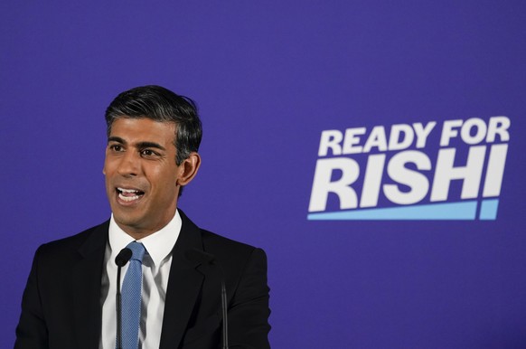 British Conservative Party member Rishi Sunak launches his campaign for the Conservative Party leadership, in London, Tuesday, July 12, 2022. Contenders to replace British Prime Minister Boris Johnson ...