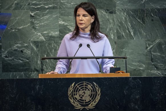 Annalena Baerbock, president of the 80th session of the United Nations General Assembly (UNGA), addresses the 80th session of the UNGA at United Nations headquarters, Monday, Sept. 22, 2025. (AP Photo ...
