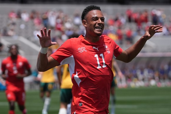 Switzerland forward Dan Ndoye celebrates his goal during the first half of an international friendly soccer game against Australia Saturday, June 6, 2026, in San Diego. (AP Photo/Gregory Bull)
Dan Ndo ...