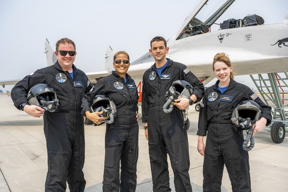 In this Aug. 8, 2021 photo provided by John Kraus, from left, Chris Sembroski, Sian Proctor, Jared Isaacman and Hayley Arceneaux stand for a photo in Bozeman, Mont., during a &quot;fighter jet trainin ...