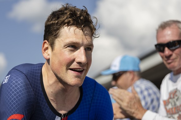 Stefan Kueng from Switzerland of Groupama-FDJ reacs after first stage, a 12.7 km time trial with start and finish in Einsiedeln, at the 86th Tour de Suisse UCI World Tour cycling race, on Sunday, June ...