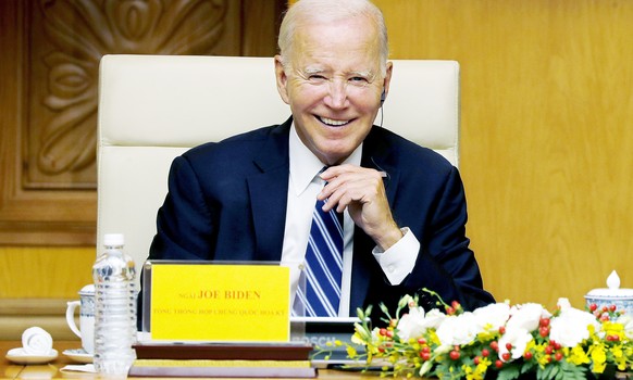 US President Joe Biden attends a business roundtable meeting at the government office in Hanoi, Vietnam on Monday, September 11, 2023.  (AP Photo/Minh Hoang, Pool) Joe Biden
