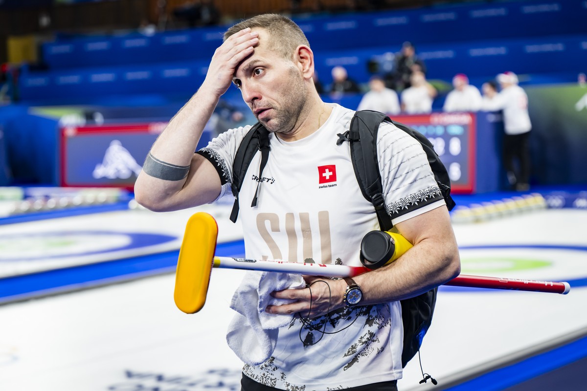 Sven Michel of Switzerland reacts during the curling men's semi-final game between Great Britain and Switzerland at the 2026 Olympic Winter Games in the Cortina Curling Olympic Stadium in Cortina ...