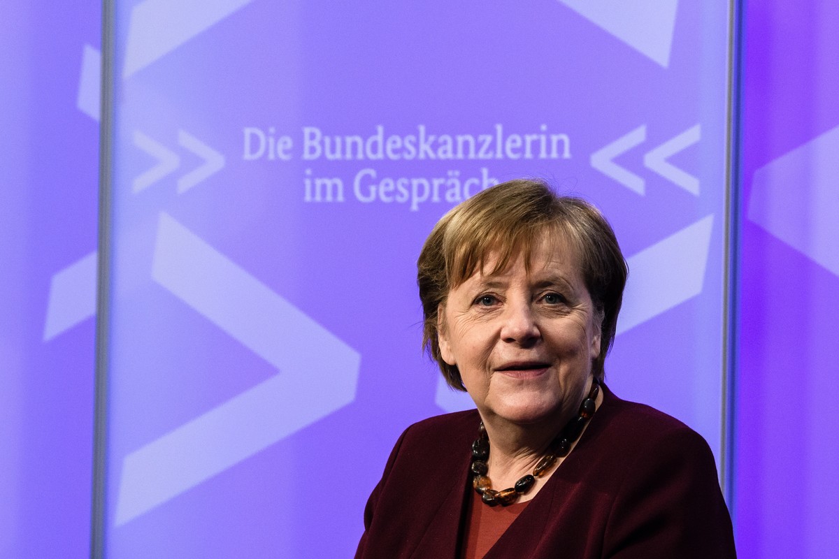 epa09065389 German Chancellor Angela Merkel looks on prior to the beginning of a video conference of the digital dialog series 'The Federal Chancellor in Conversation' (Die Bundeskanzlerin i ...