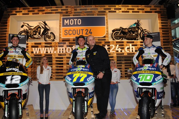 21.02.2015; Zuerich; Motorrad - Praesentation; An der Swiss Moto wurde das neue Schweizer Team vorgestellt. - V.l.n.r.: Thomas Luethi, Dominique Aegerter, Teammanager Frederic Corminbeuf und Robin Mul ...