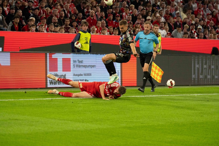 18.09.2026: Fu�ball: FC Bayern M�nchen - Union Berlin, 4. Spieltag der 1. Bundesliga in der Allianz Arena in M�nchen Josip Stanisic FC Bayern Munchen, 44 VS Michel Aebischer Union Berlin, 20 WICHTIGER ...