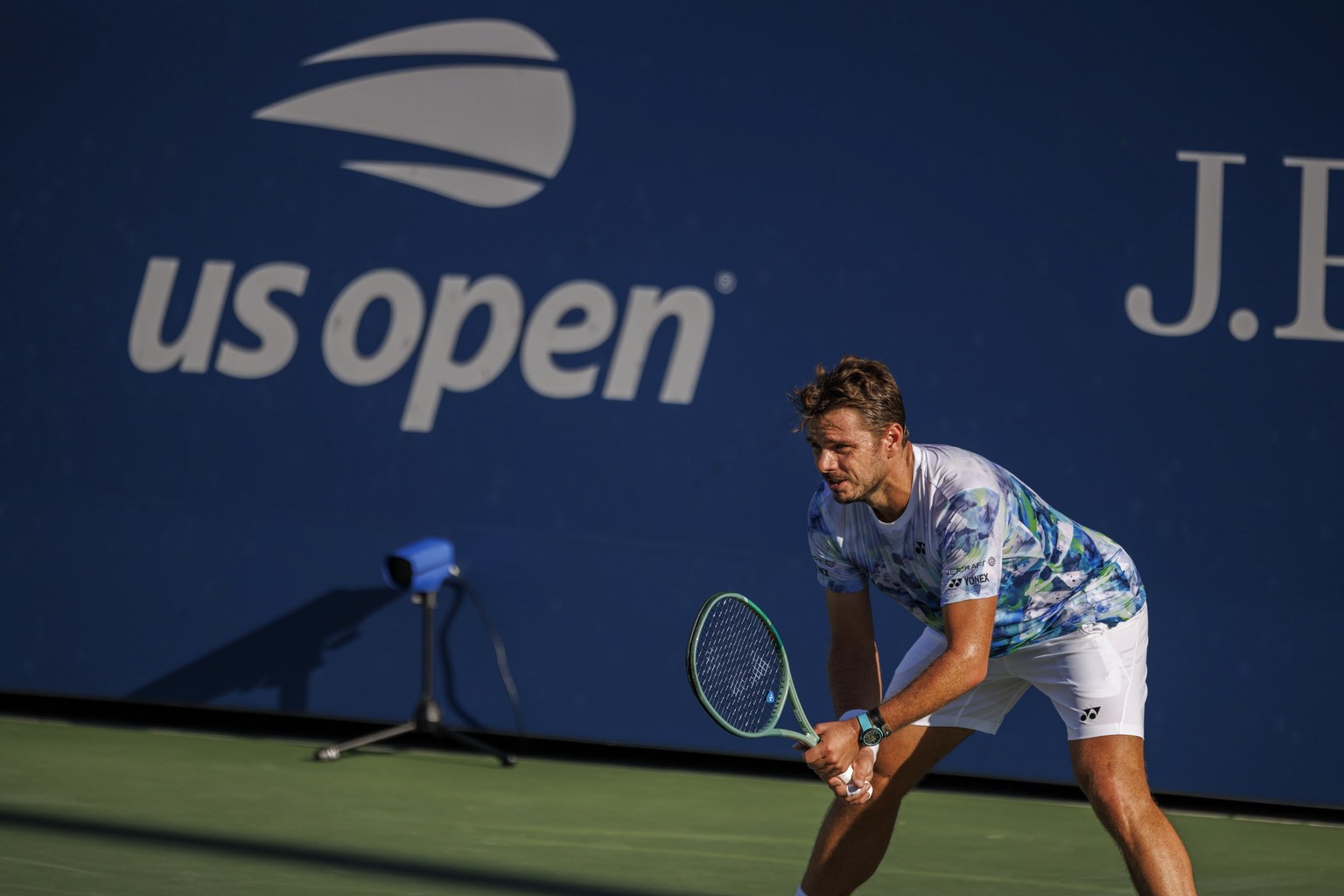 epa10832525 Stan Wawrinka of Switzerland waits for a serve from Tomas Martin Etcheverry of Argentina during their second round match at the US Open Tennis Championships at the USTA National Tennis Cen ...