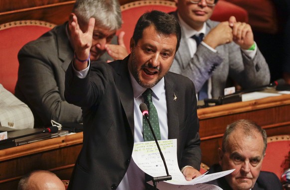 Italian Deputy-Premier Matteo Salvini speaks at the Senate in Rome, Tuesday, Aug. 20, 2019. Italian Premier Giuseppe Conte blasted the League&#039;s leader and Interior Minister Matteo Salvini for his ...