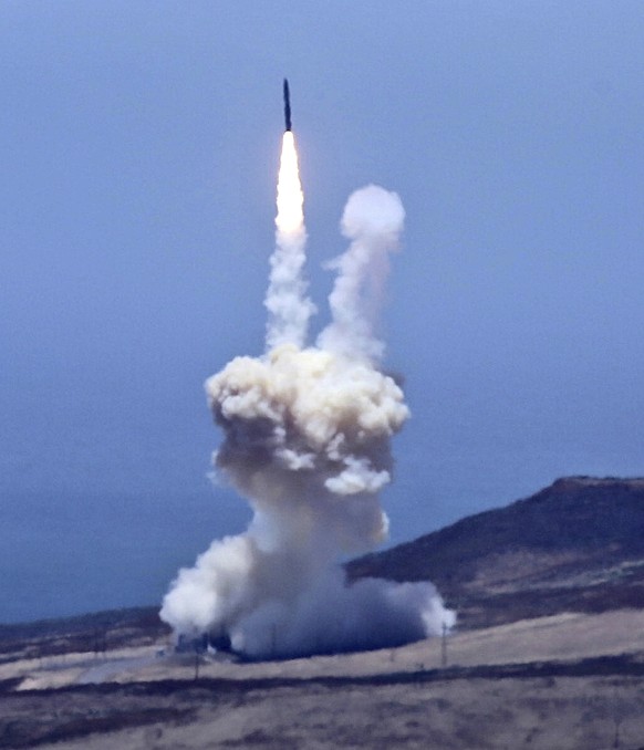 An rocket designed to intercept an intercontinental ballistic missiles is launched from Vandenberg Air Force Base in Calif. on Tuesday, May 30, 2017. The Pentagon says it has shot down a mock warhead  ...