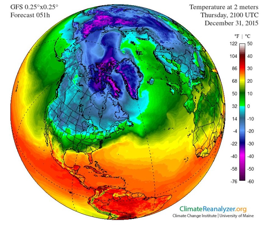Die Vorhersage für den 31. Dezember 2015 zeigt den massiven Wärmeeinbruch von Süden her. Die &nbsp;Temperaturen liegen am Nordpol zwischen 30 und 50 Grad über den für diese Jahreszeit üblichen Werten. ...