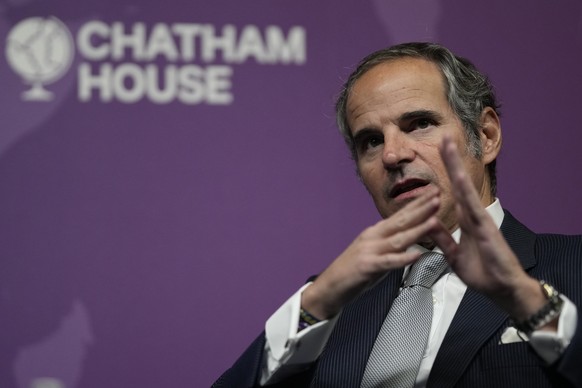 The Director General of the Atomic Energy Agency, Rafael Marino Grossi, speaks at an event titled 'A New Nuclear Order' at Chatham House in London, Tuesday, Feb. 7, 2023. (AP Photo/Alastair Grant) ...