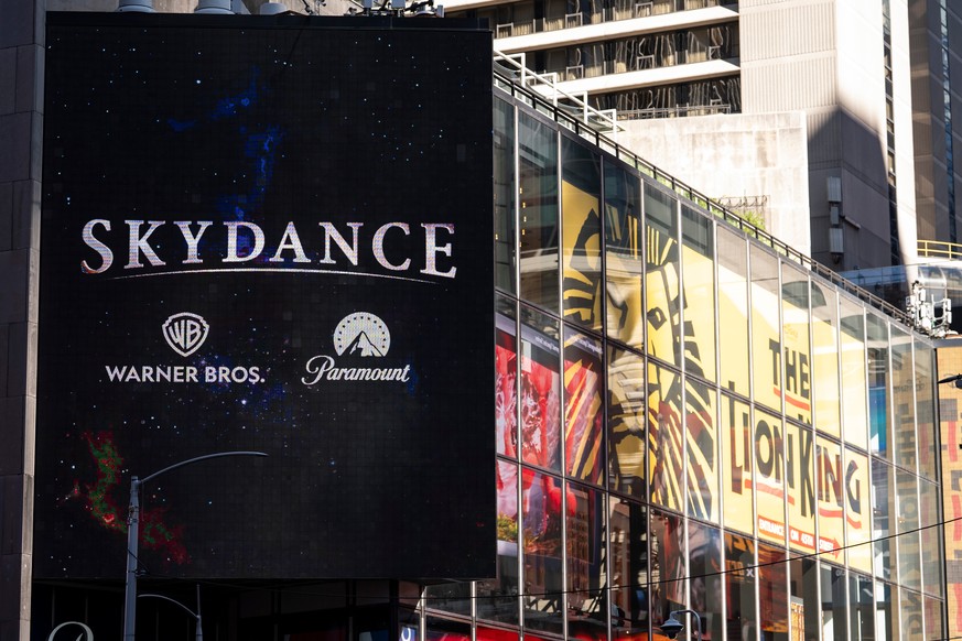 A Skydance billboard is displayed outside Paramount Global office in Times Square, Tuesday, Oct. 6, 2026, in New York. (AP Photo/Yuki Iwamura)
Skydance Merger